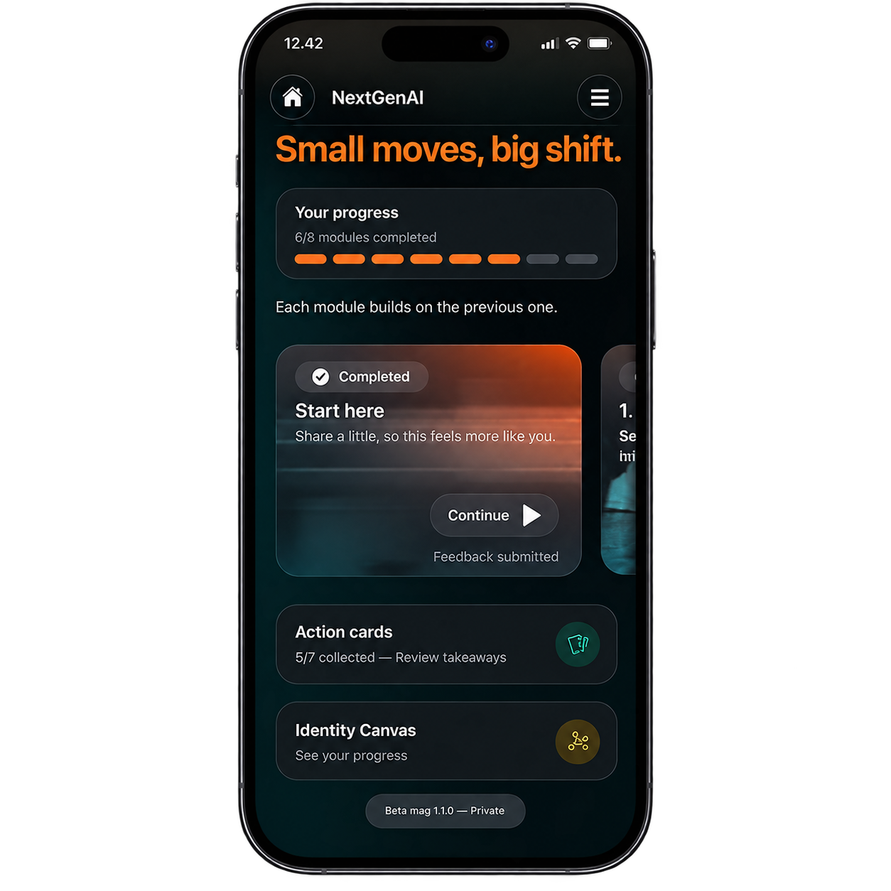 Adaptive Worksin AI-valmentajan käyttöliittymä puhelimessa