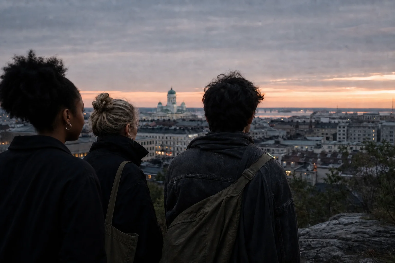 Kolme eri taustoista tulevaa nuorta katsoo Helsinkiä ja Tuomiokirkkoa ilta-auringossa.